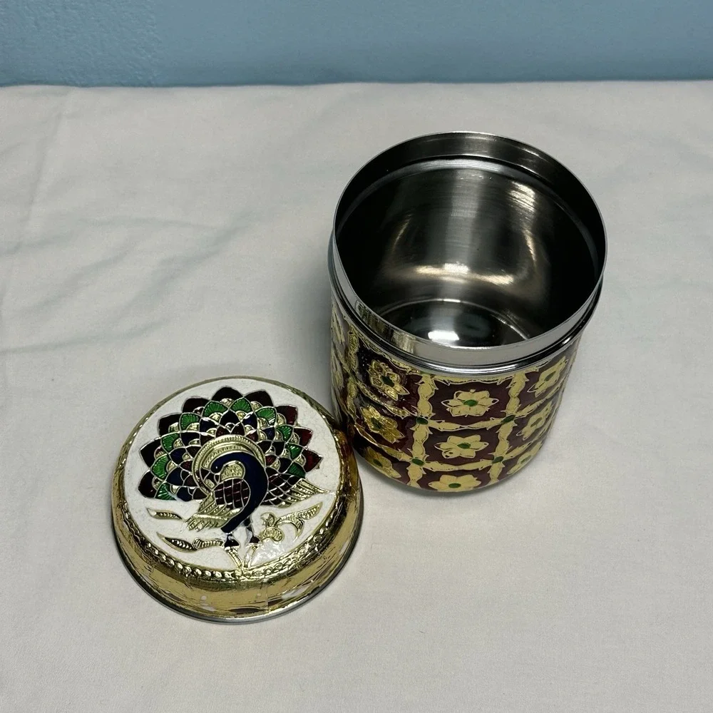 Meenakari Stainless Steel Box Peacock Lid Indian Decorative Canister Dabba